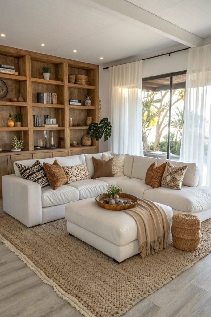 contemporary cozy living room with white sectional & natural wood accents