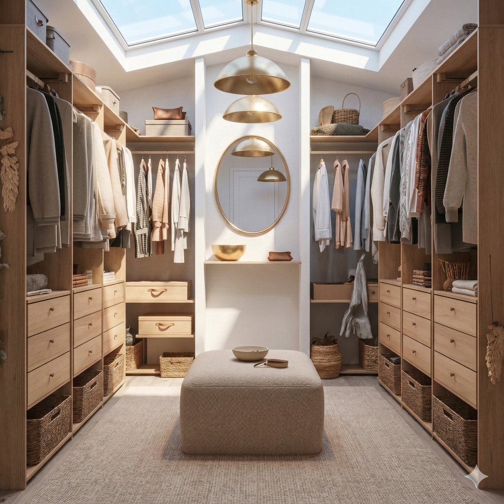 dressing en bois éclairé par fenêtres de toit avec tapis beige et miroir contour doré au mur